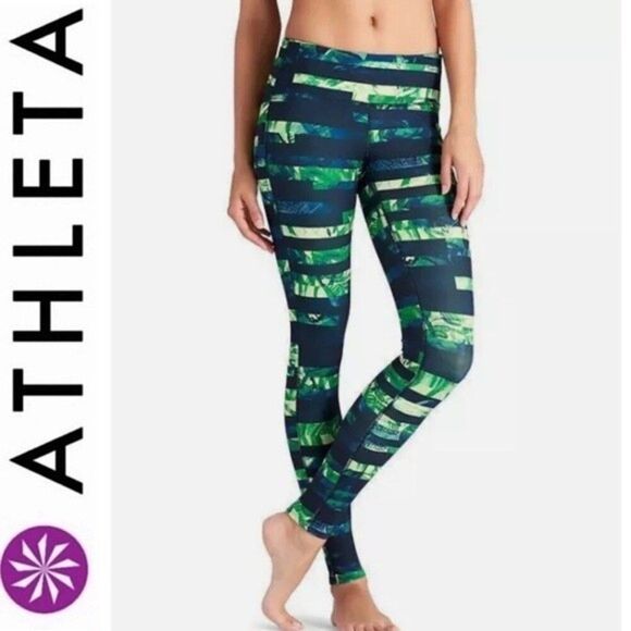 Athleta Floral Flow Chaturanga Leggings Yoga Tight Blue Green Striped 243155 S - Picture 1 of 13